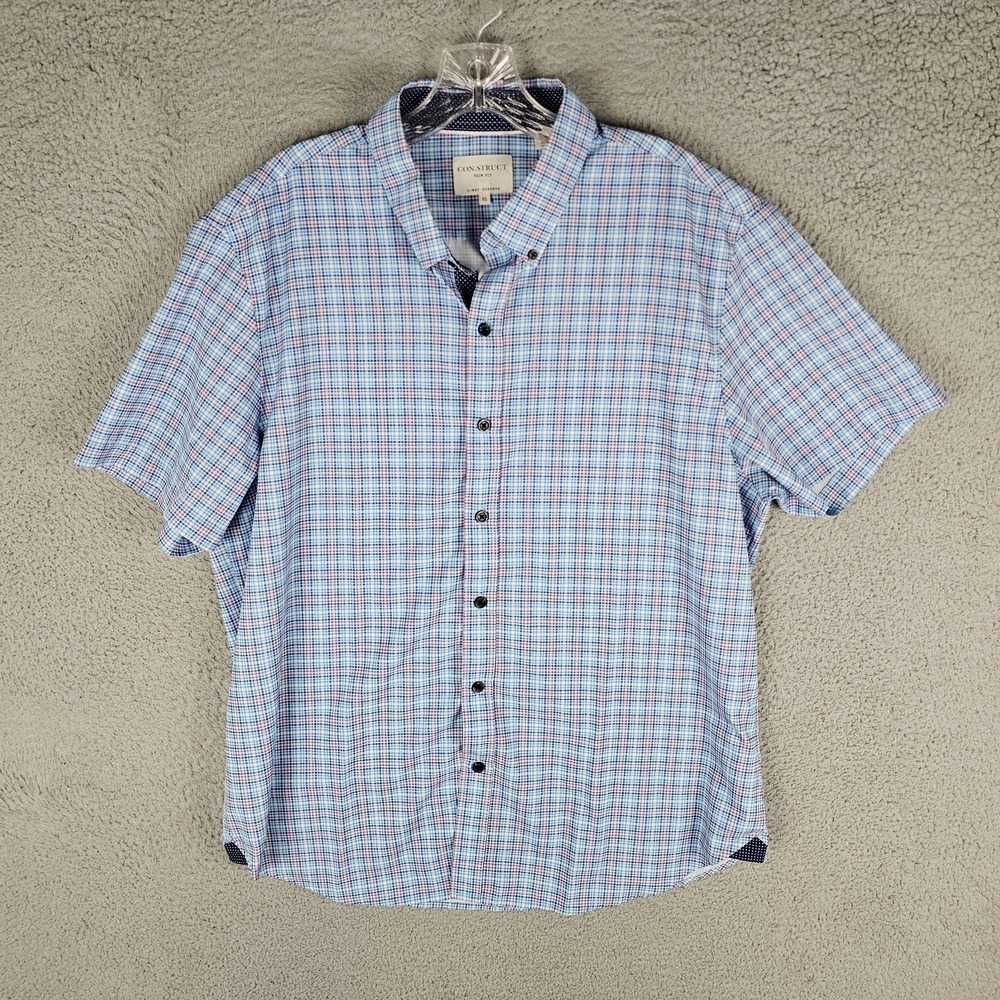 Con.Struct Shirt Mens XL Blue Plaid 4-Way‎ Stretch Slim Fit Collared Button Down